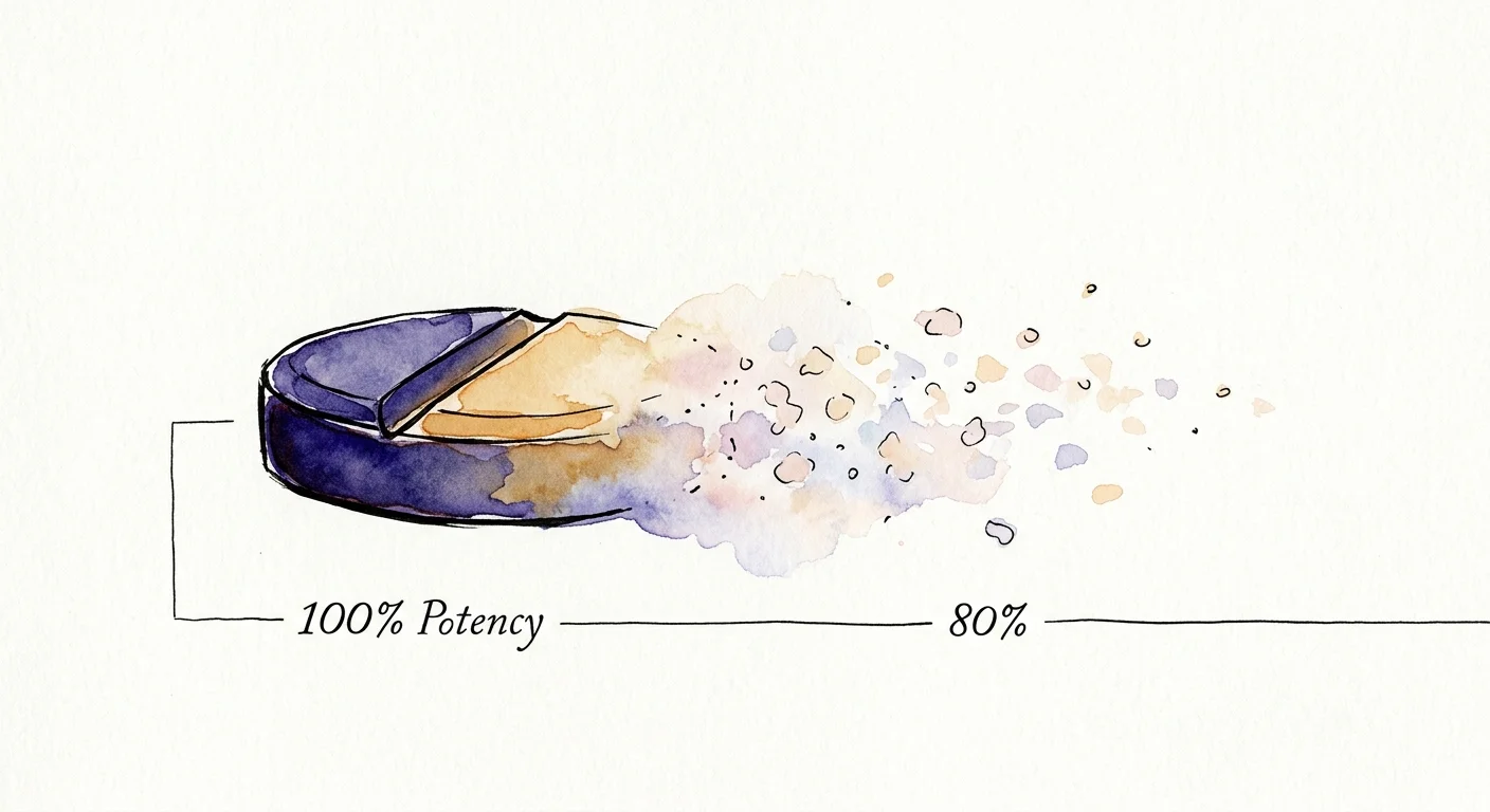 An ink and watercolor illustration showing a pill gradually dissolving from solid blue to a faded pastel wash.