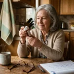 An older adult at a wooden kitchen table calmly examining a prescription pill bottle in warm morning light.