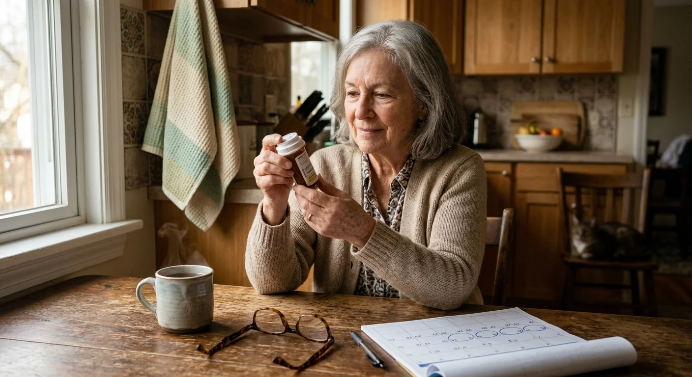 An older adult at a wooden kitchen table calmly examining a prescription pill bottle in warm morning light.