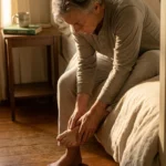 An older adult sits on the edge of a sunlit bed, gently inspecting their bare foot in a warm, domestic setting.