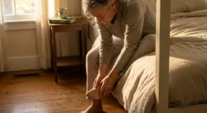 An older adult sits on the edge of a sunlit bed, gently inspecting their bare foot in a warm, domestic setting.