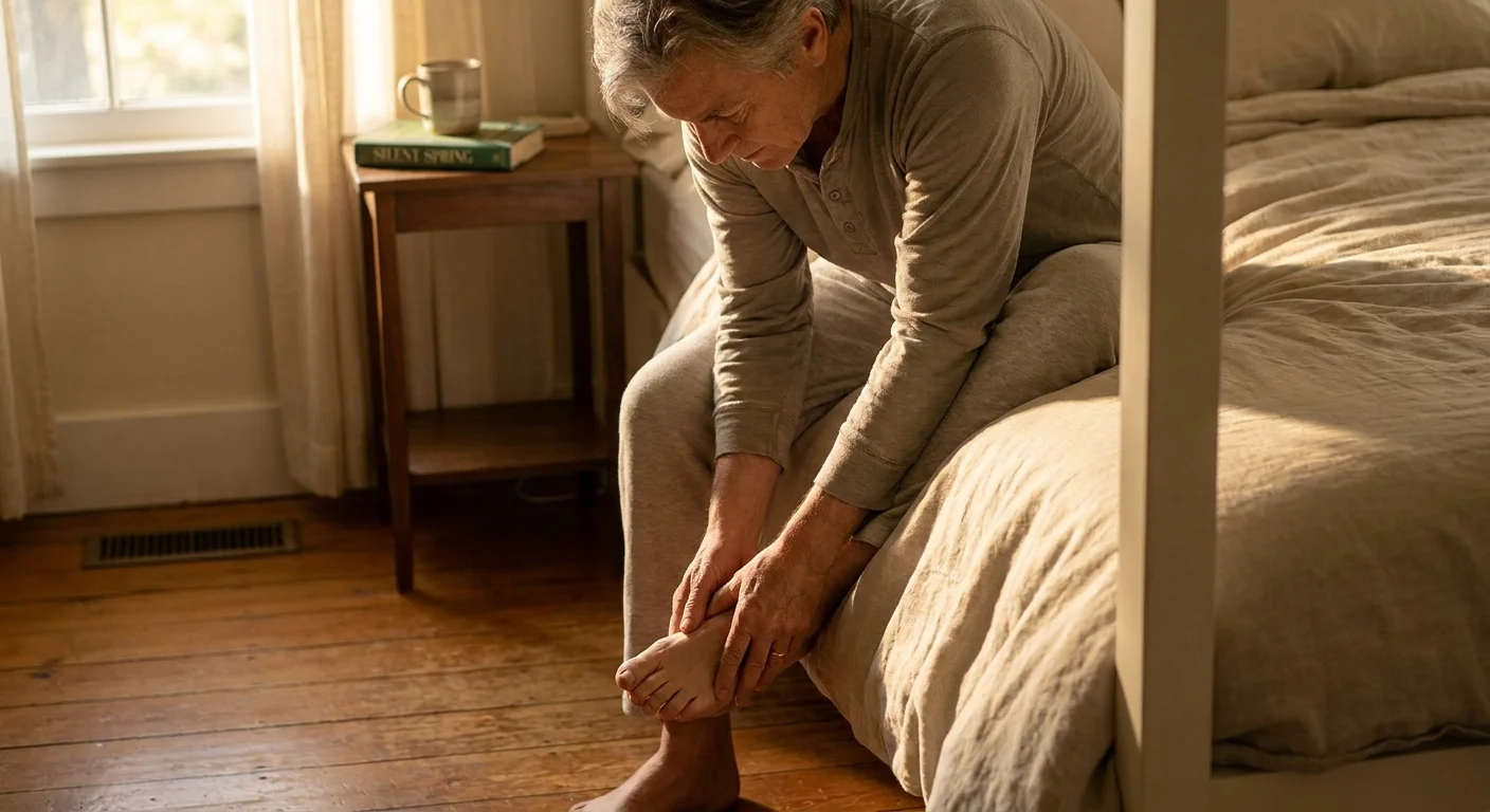 An older adult sits on the edge of a sunlit bed, gently inspecting their bare foot in a warm, domestic setting.