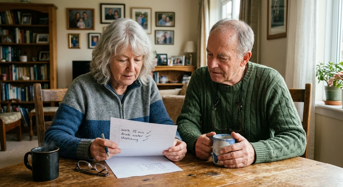 An older couple sitting together at their dining table, reviewing health goals in a warm, domestic living room setting.