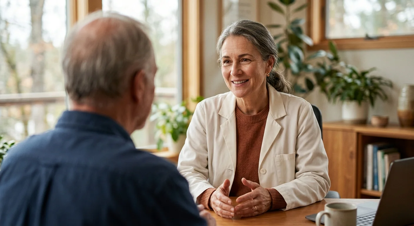 An older man consulting with a warm, empathetic female healthcare professional in a bright, modern clinic office.