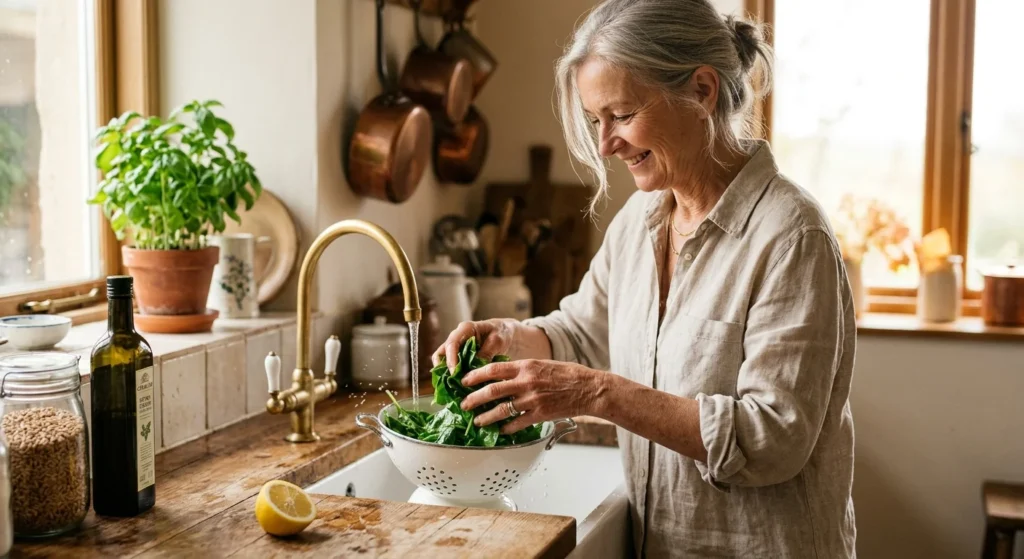 An older woman in a sun-drenched kitchen preparing fresh spinach leaves, representing proactive wellness and a liver-healthy diet.