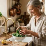 An older woman in a sun-drenched kitchen preparing fresh spinach leaves, representing proactive wellness and a liver-healthy diet.