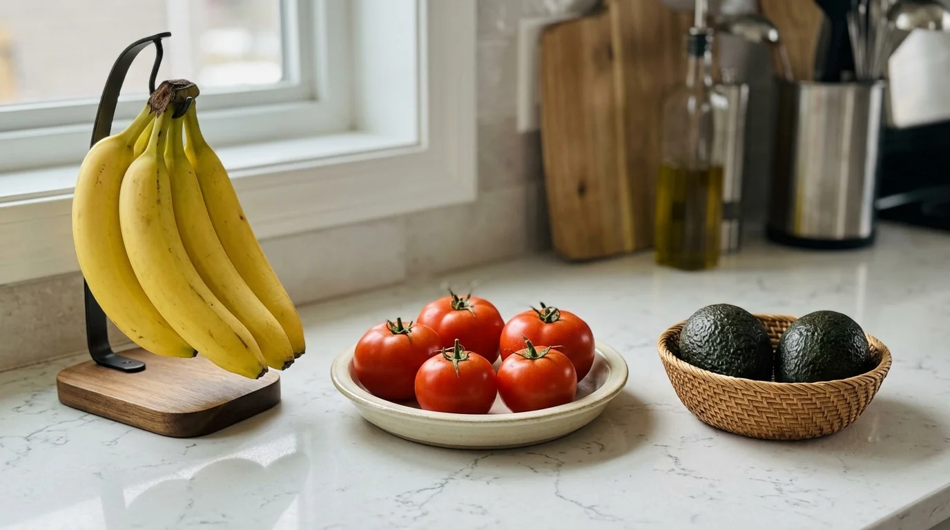 An organized kitchen counter featuring bananas on a hanger, tomatoes stored stem-side down on a plate, and an avocado in a clay bowl.