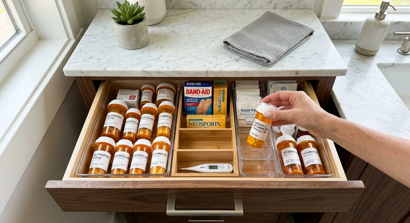 An overhead view of a neatly organized bathroom drawer with clear bins separating prescription bottles and medical supplies.