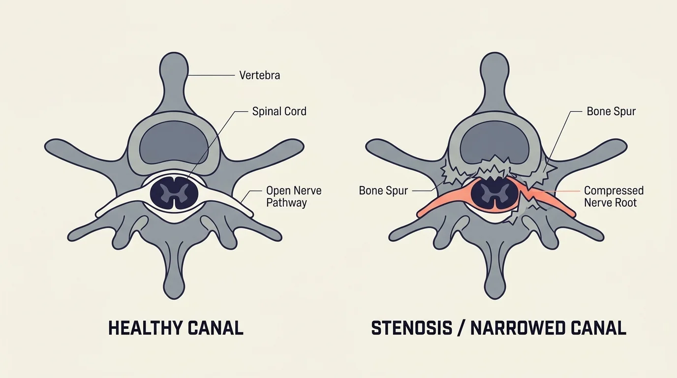 Anatomical diagram comparing a healthy spine canal with wide nerve space to a narrowed spinal canal with bone spurs compressing the nerve.