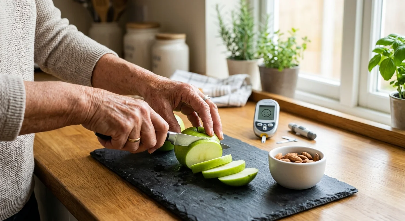 Close-up of a senior's hands slicing a green apple on a slate board next to almonds and a modern blood glucose meter.
