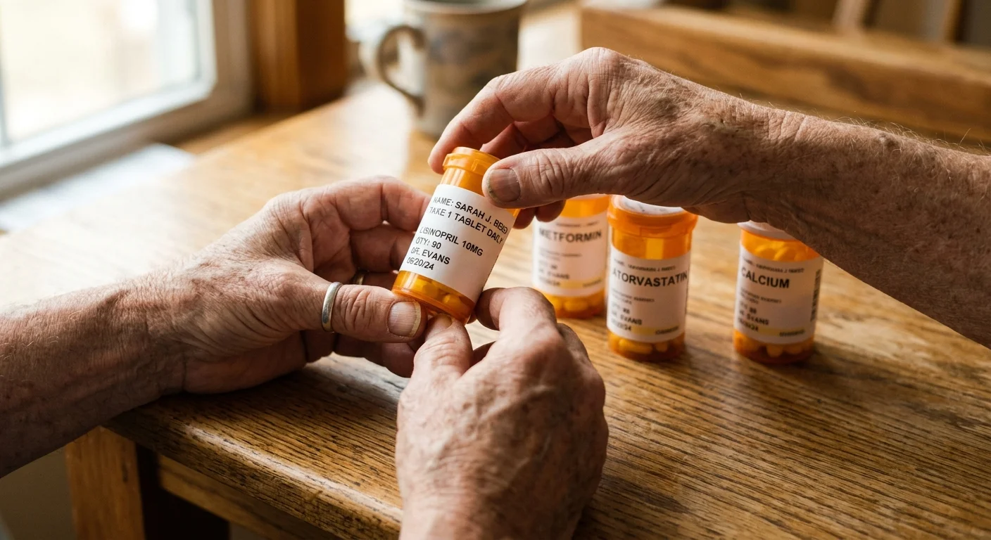 Close-up of a senior's weathered hands organizing brown prescription bottles on a warm wooden table.