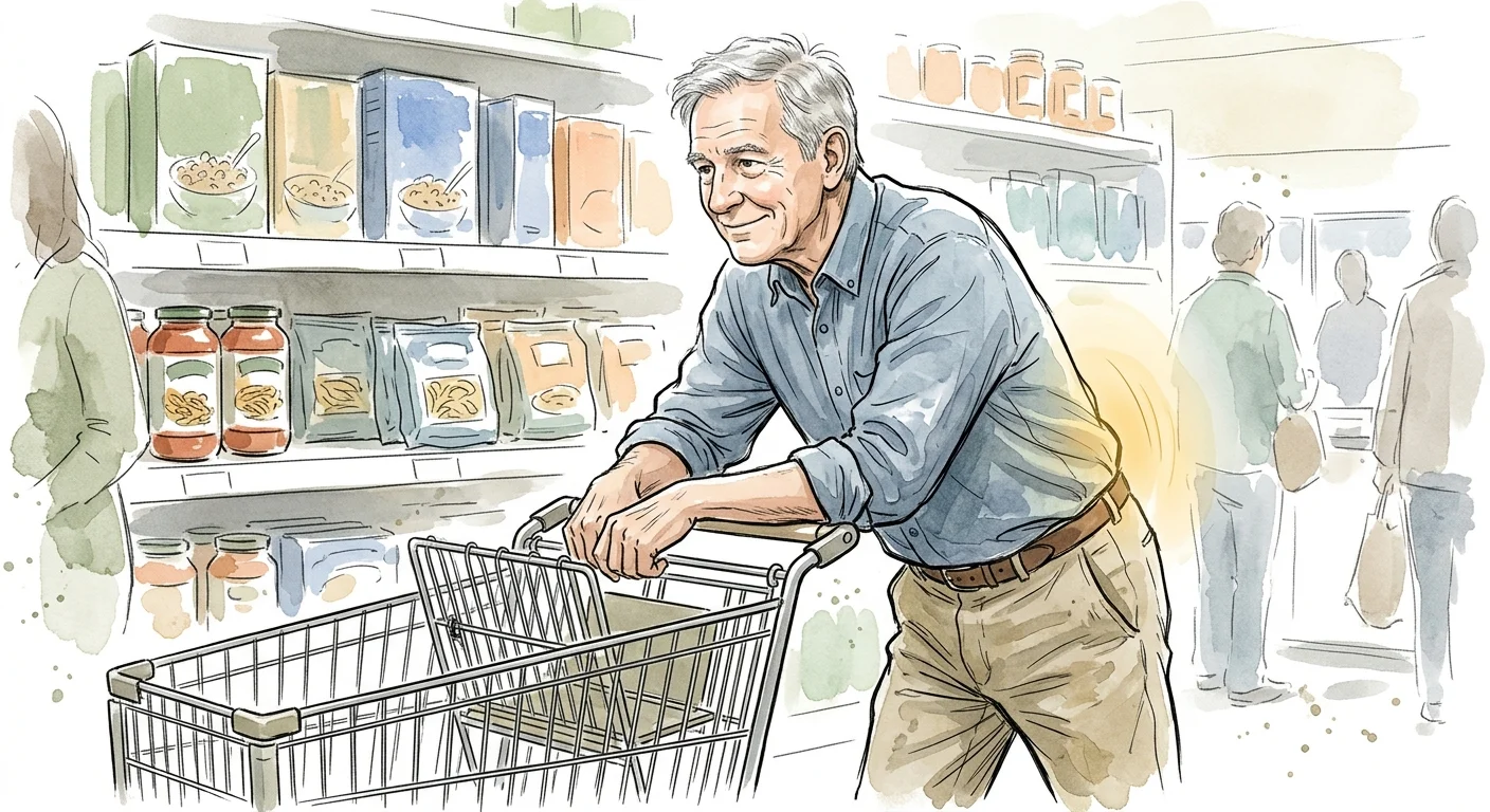 Ink and watercolor illustration of a senior man leaning comfortably over a grocery shopping cart to relieve back pain.