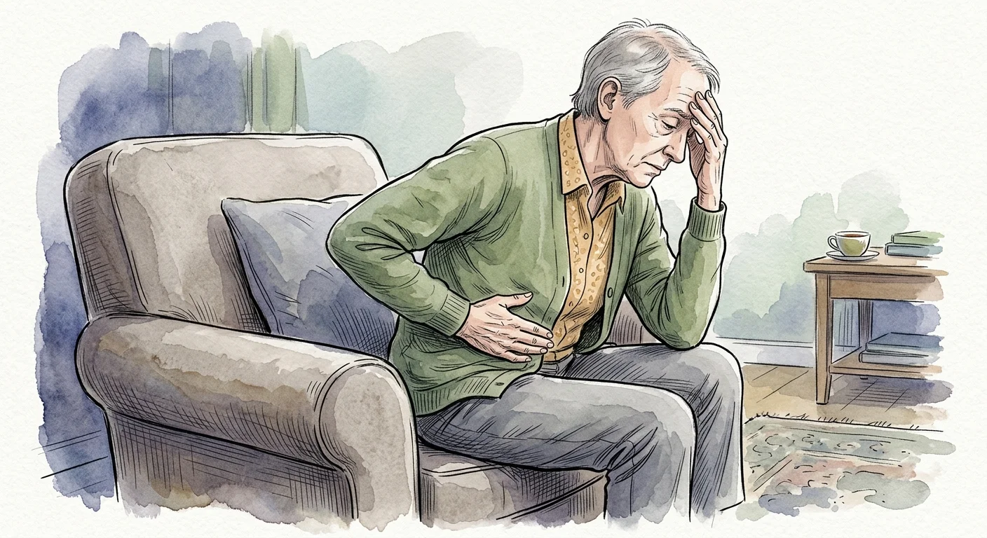 Ink and watercolor illustration of an older adult sitting thoughtfully, gesturing to their upper right abdomen and forehead to depict fatigu