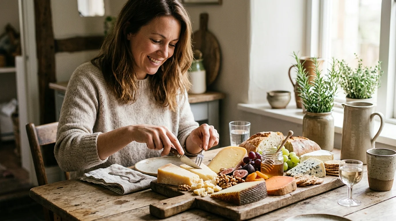 A smiling woman cuts a block of cheese from a rustic wooden board loaded with cheeses, bread, figs, and grapes.