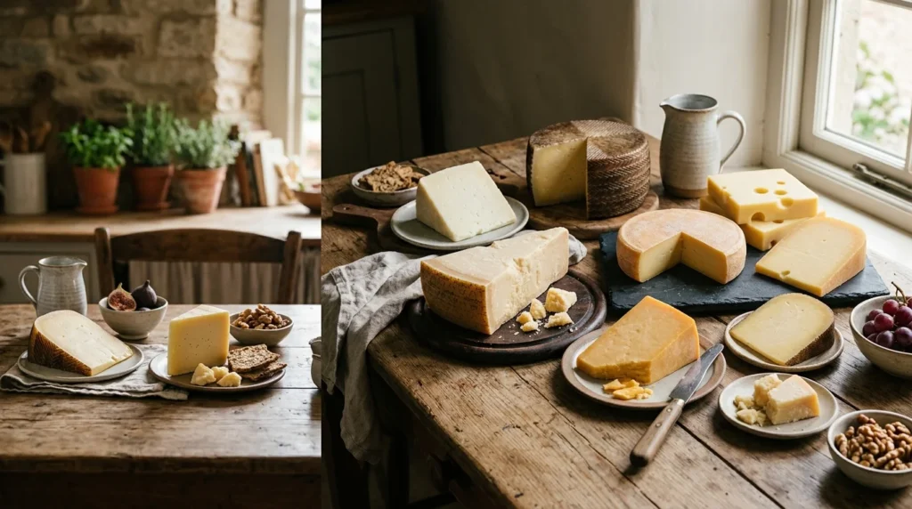Various wedges and wheels of cheese arranged on rustic wooden tables with crackers, nuts, and fruit.