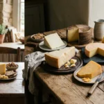 Various wedges and wheels of cheese arranged on rustic wooden tables with crackers, nuts, and fruit.