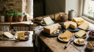 Various wedges and wheels of cheese arranged on rustic wooden tables with crackers, nuts, and fruit.