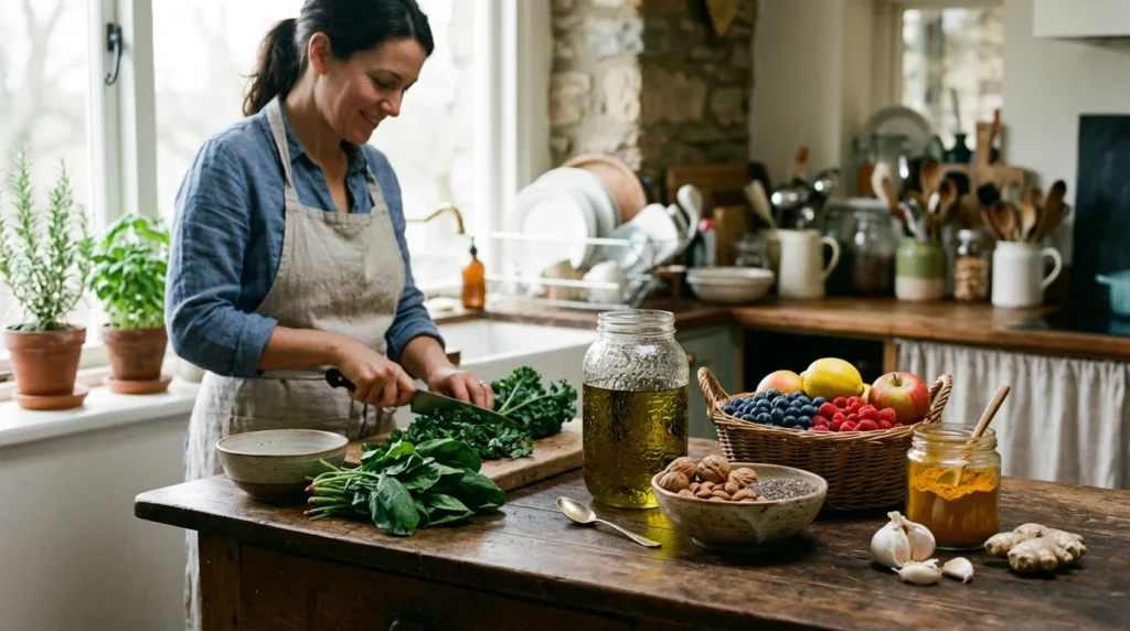 Smiling woman chopping leafy greens in a kitchen surrounded by fresh fruits, nuts, oil, and spices on a wooden table.