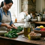 Smiling woman chopping leafy greens in a kitchen surrounded by fresh fruits, nuts, oil, and spices on a wooden table.