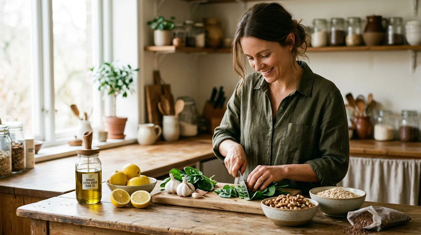 A smiling woman chops fresh greens on a wooden counter with olive oil, lemons, garlic, and bowls of nuts nearby.