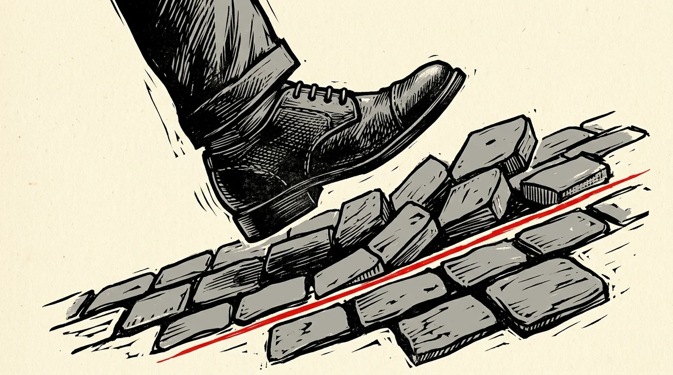 A black ink linocut illustration of a foot stepping onto cobblestones that are tilting and sliding apart, representing sudden instability.
