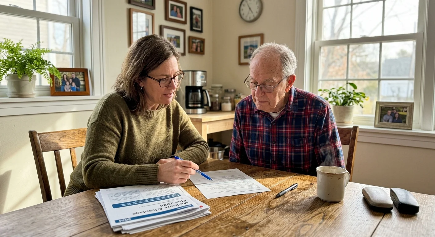A candid photo of an elderly father and his daughter reviewing Medicare Advantage papers together at a sunlit kitchen table.