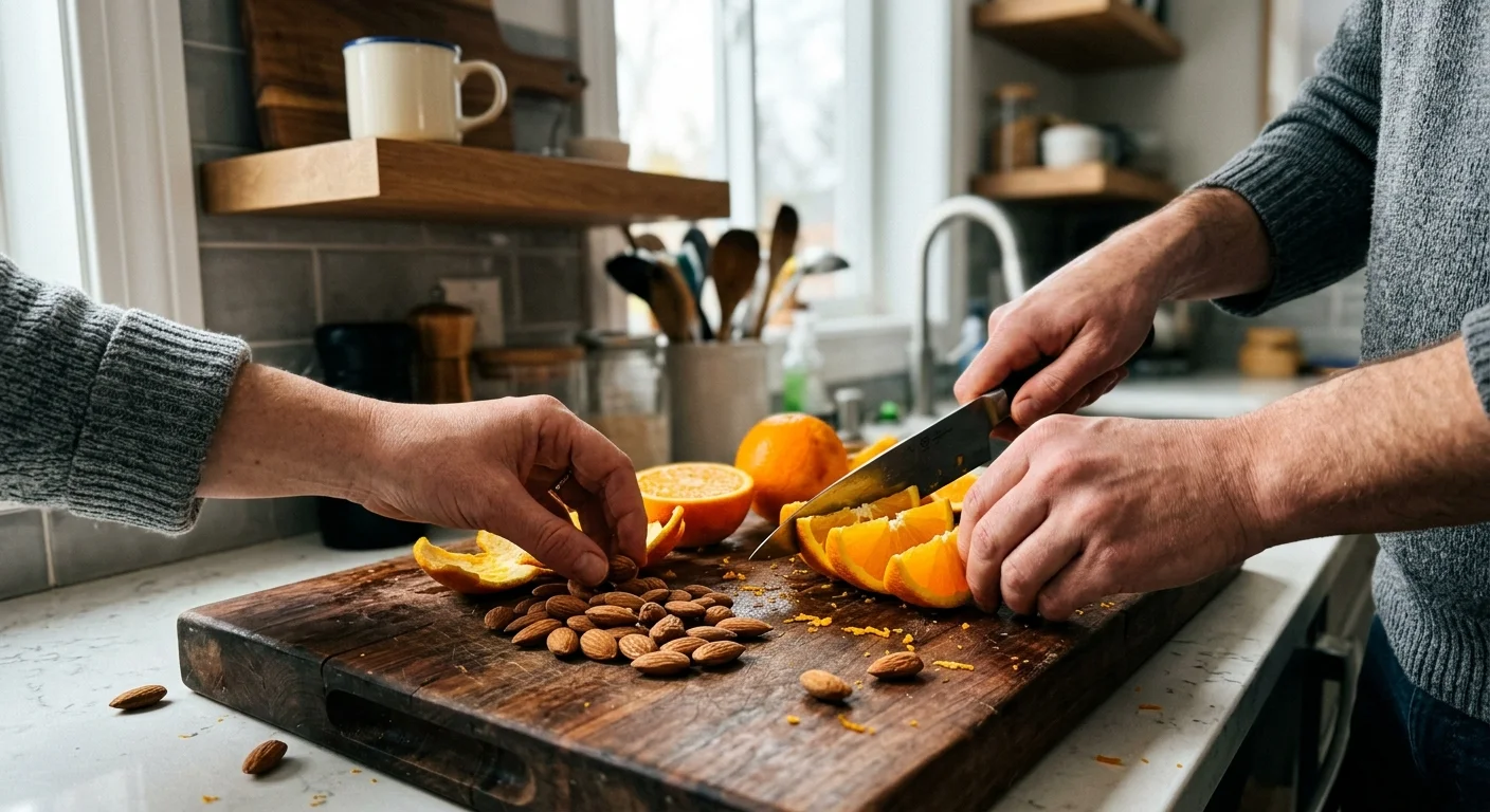 A candid photo of hands preparing fresh orange slices and almonds on a wooden board, with a coffee cup placed far in the background.