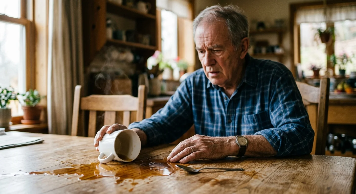 A candid photograph of an older man looking down at a spilled tea mug on a wooden table, capturing a quiet moment of physical clumsiness.