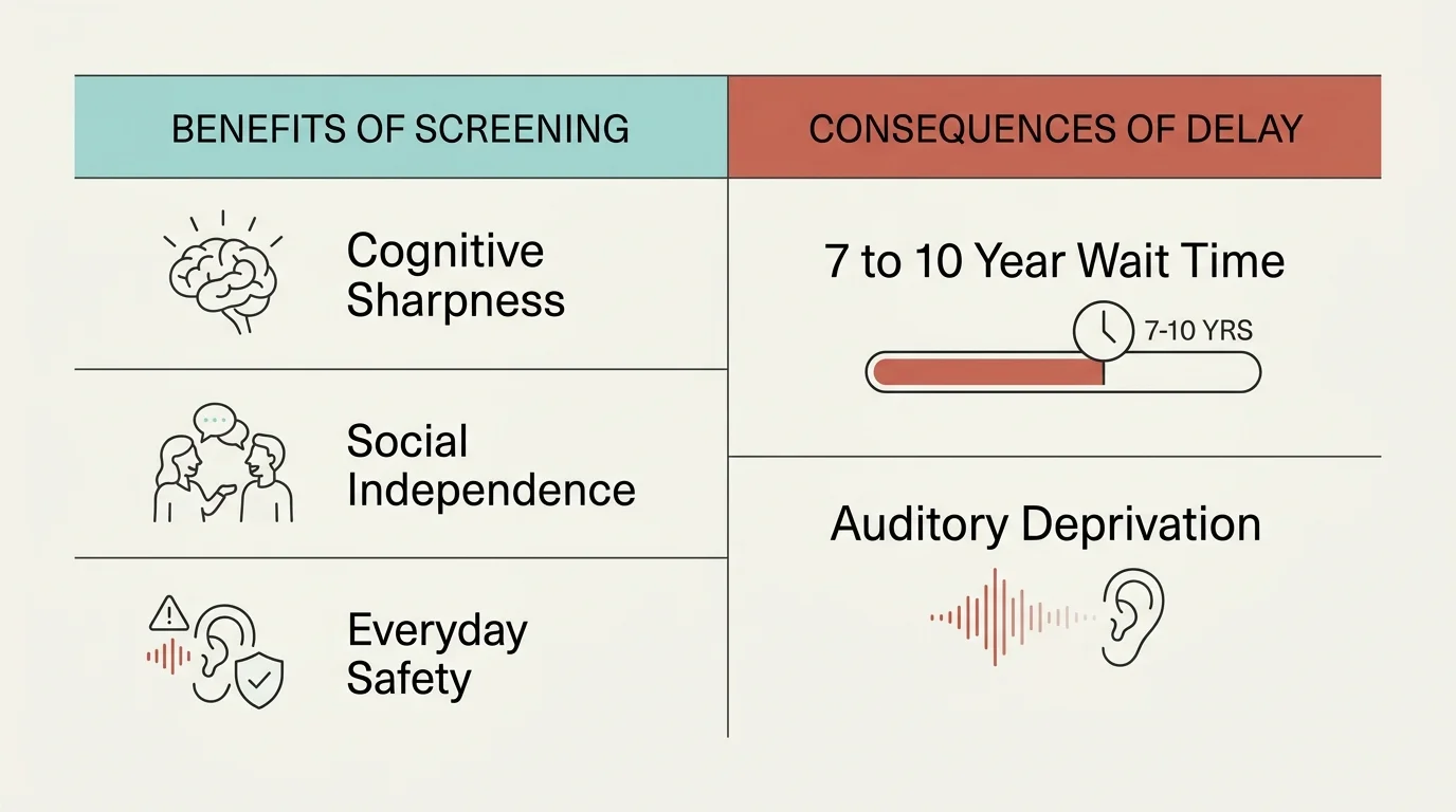 A clean comparative graphic contrasting the benefits of hearing screening with the consequences of delaying treatment.