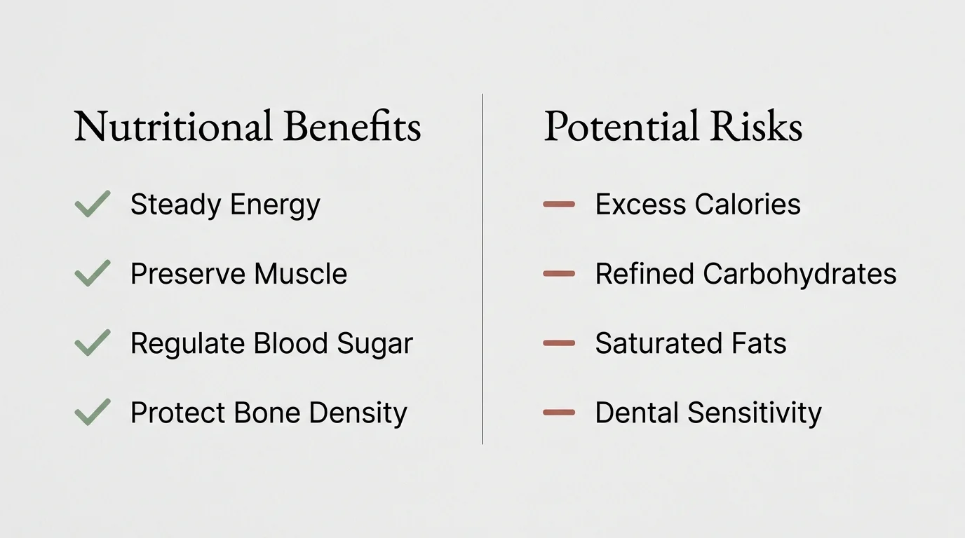 A clean, comparative infographic listing the nutritional benefits versus potential risks of snacking.