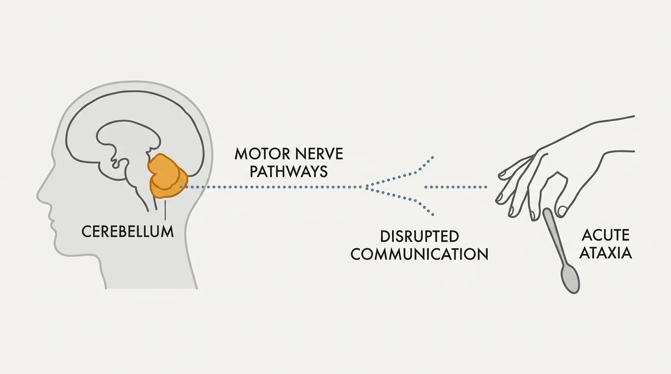 A clean diagram showing the brain's cerebellum sending motor signals that break mid-pathway, resulting in a dropped utensil.