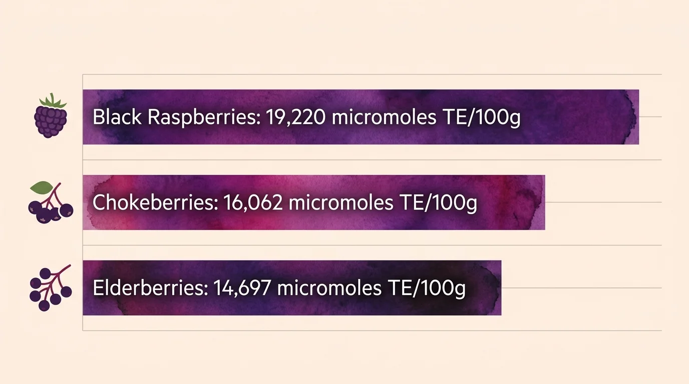 A clean, horizontal bar chart ranking black raspberries, chokeberries, and elderberries by their exact laboratory ORAC values.