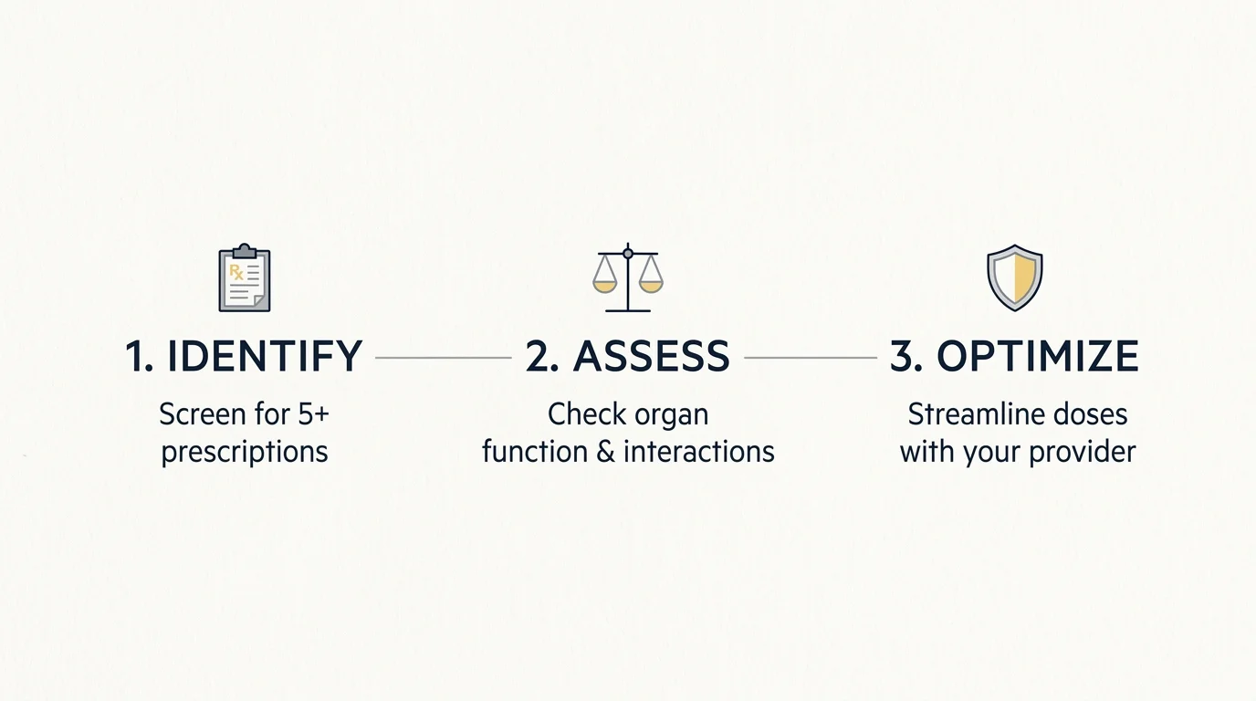A clean, horizontal diagram showing a three-step medical review process: Identify, Assess, and Optimize.
