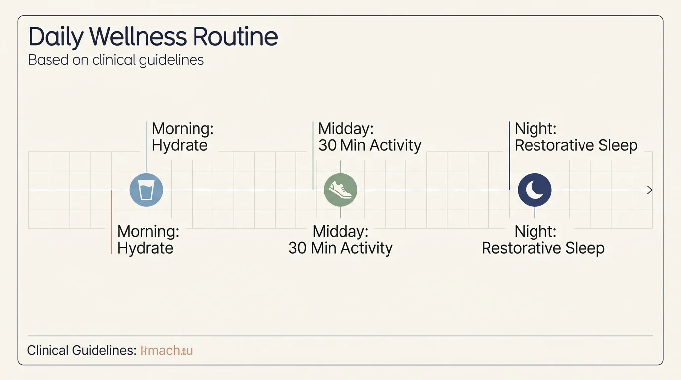 A clean horizontal infographic timeline mapping out a doctor-recommended daily routine for healthy aging.