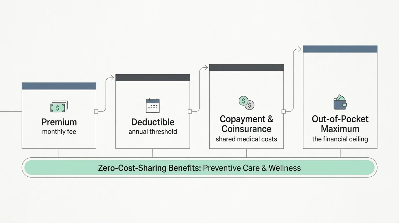 A clean minimalist diagram in Pentagram style mapping health plan terms like Premium, Deductible, Copay, and Zero-Cost-Sharing.