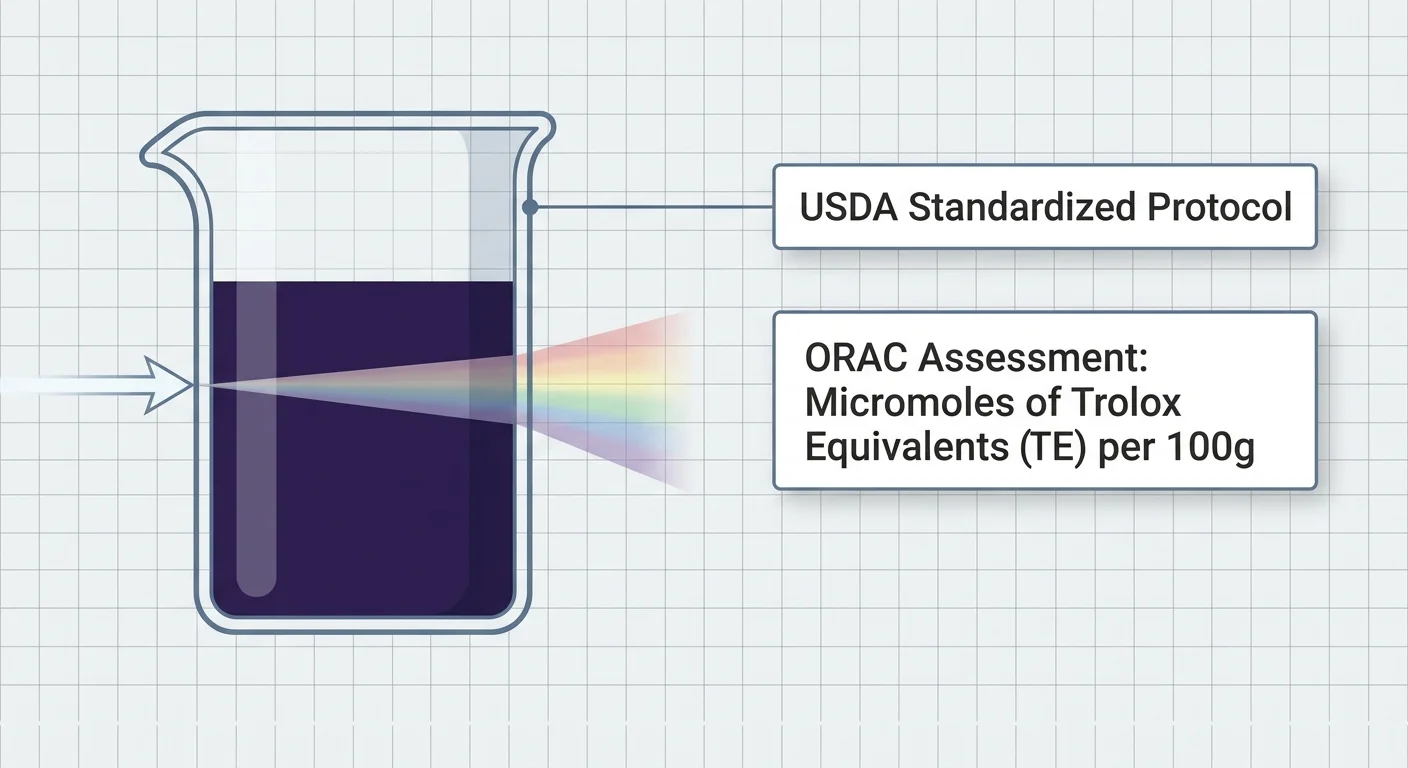 A clean scientific diagram of a laboratory beaker and a light beam illustrating the standardized USDA ORAC testing protocol.