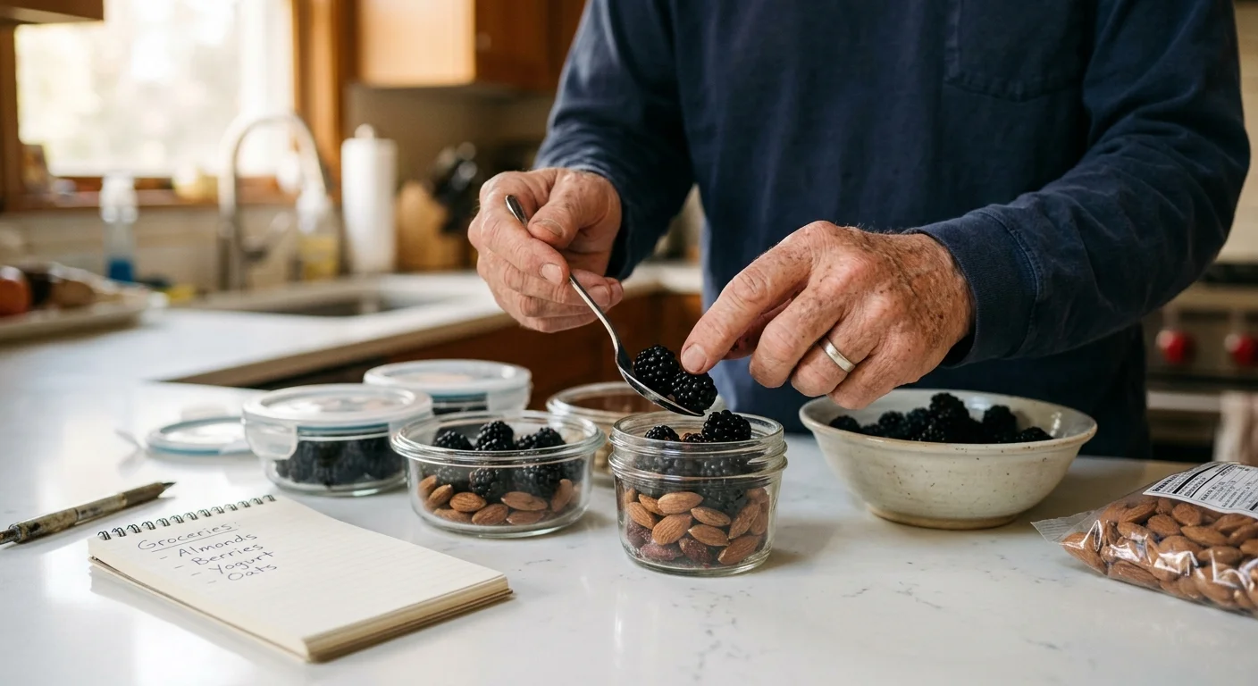 A close-up of an older adult's hands portioning fresh berries and almonds into meal prep containers.