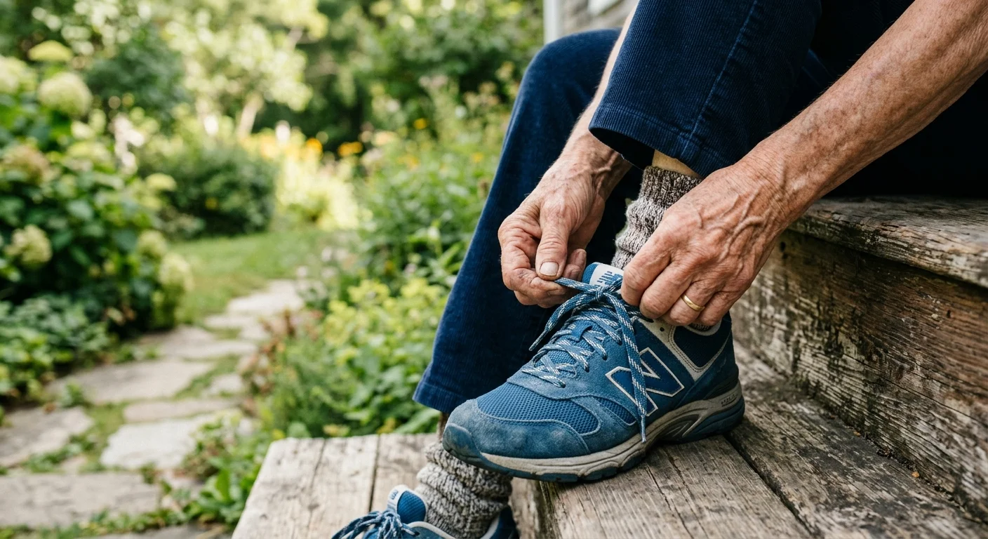 A close-up photograph of a senior's hands tying their running shoes on a wooden porch step, ready for a walk.