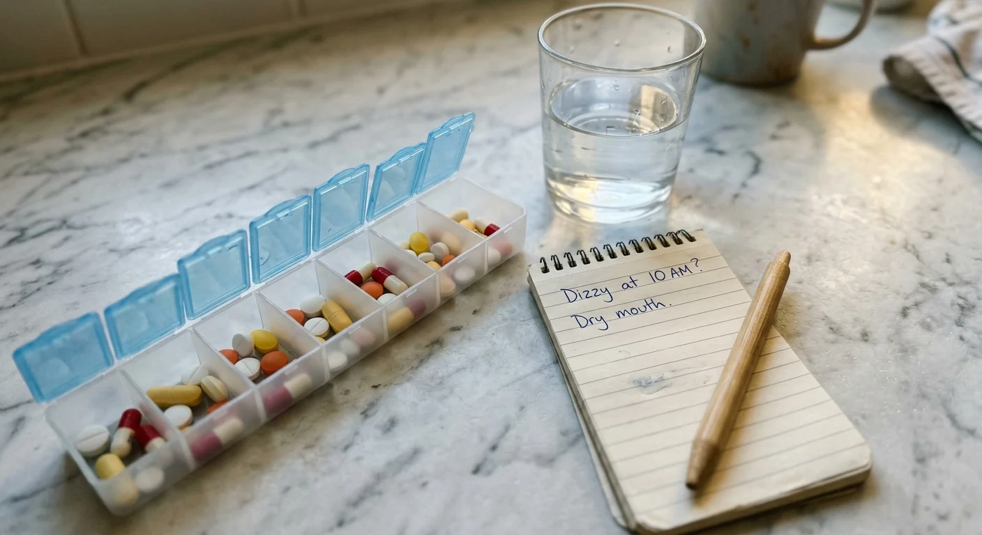 A close-up photograph of a weekly pill organizer next to a glass of water and a notepad listing symptoms.