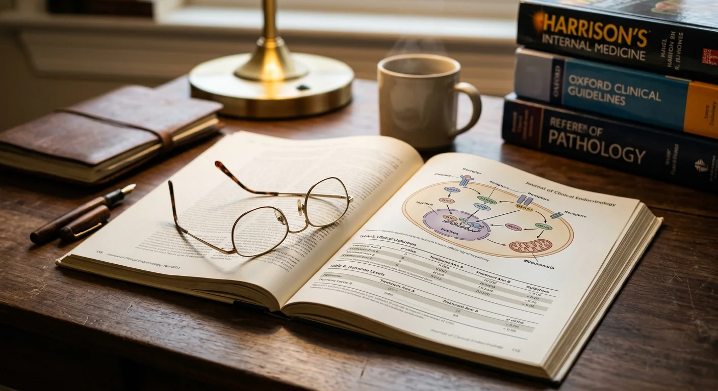 A close-up photograph of an open medical journal on a wooden desk with reading glasses and a steaming mug in the background.