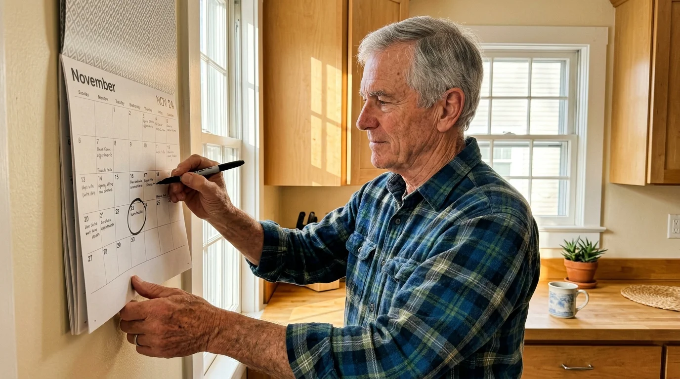 A close-up snapshot of an older man marking an upcoming wellness checkup on a wall calendar in a sunlit kitchen.