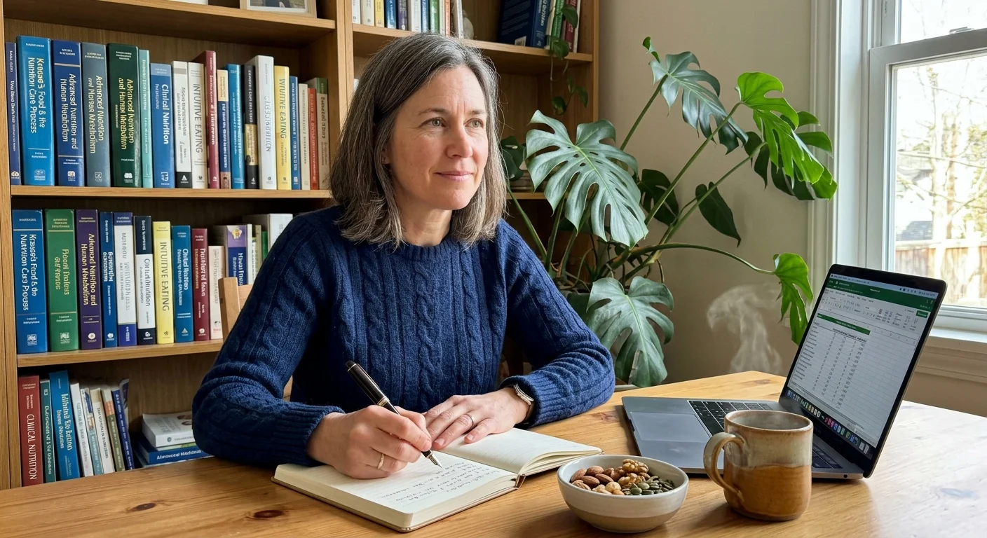 A dietitian in a warm home office writing notes near a bowl of nuts and an open laptop.