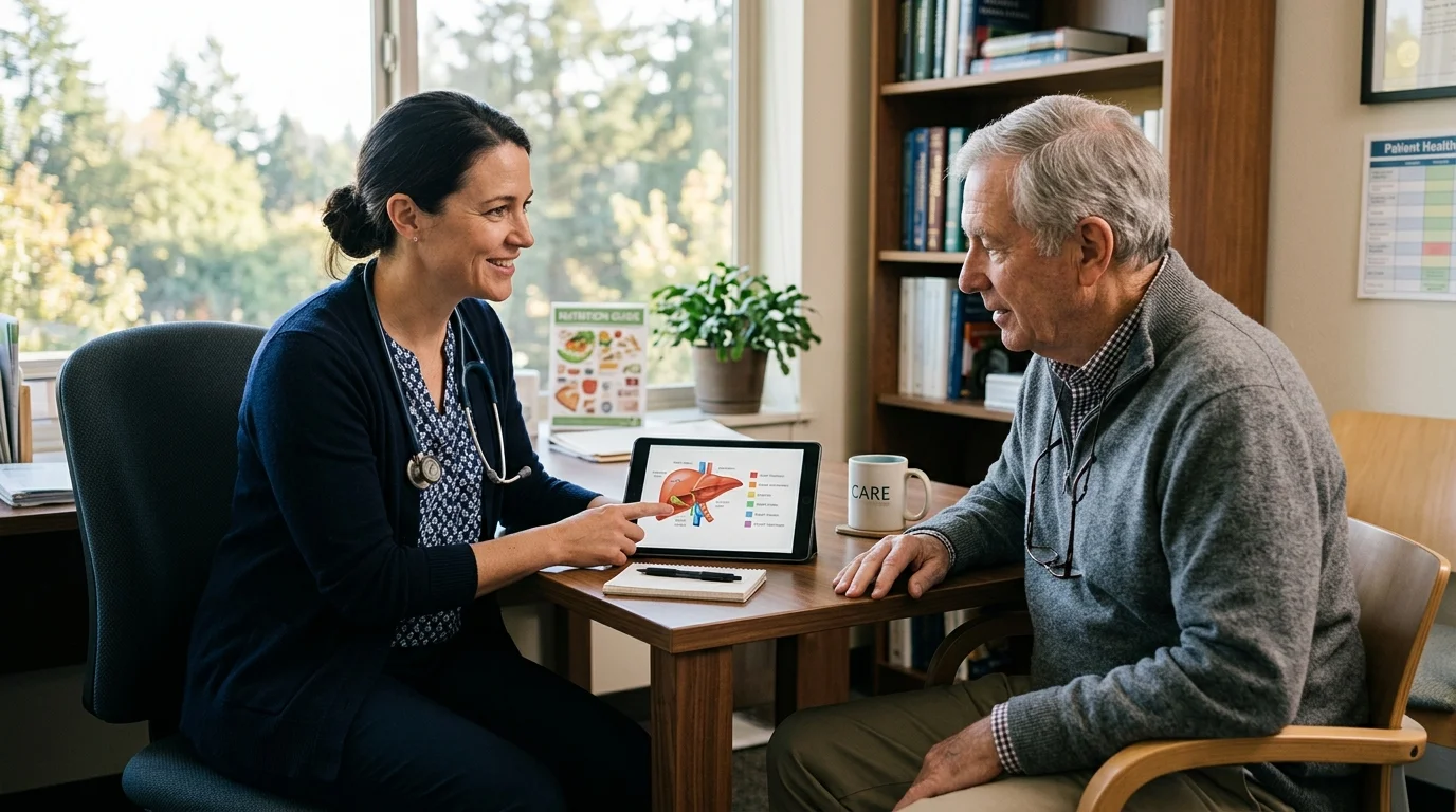 A female doctor points to a liver diagram on a tablet while consulting with a senior male patient in a medical office.