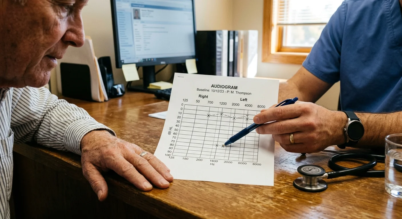 A doctor pointing to an audiogram chart on a desk during a patient consultation.
