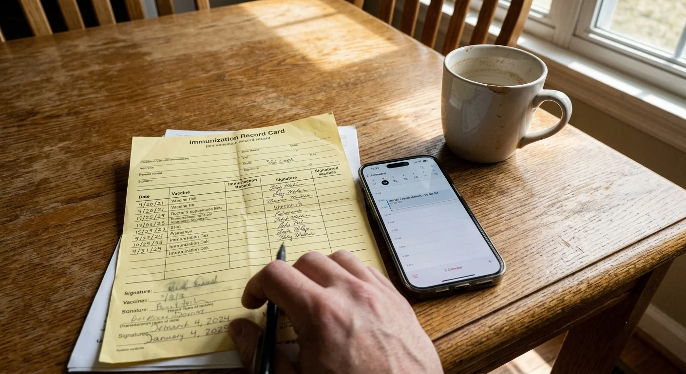 A first-person view of a wooden table holding a yellowed paper vaccine card and a smartphone scheduled with a doctor's appointment.