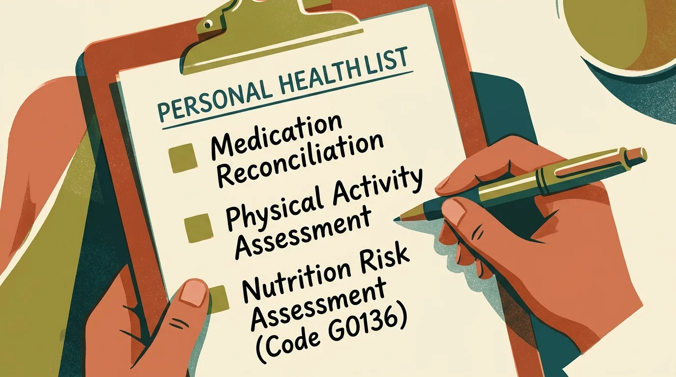 A gouache illustration of a hand holding a clipboard check-list containing steps for comprehensive senior physical preparation.