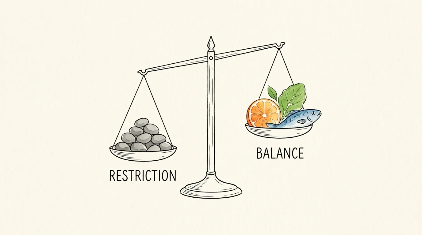 A hand-drawn balance scale comparing a heavy pile of gray pebbles with a light, colorful cluster of fresh foods.