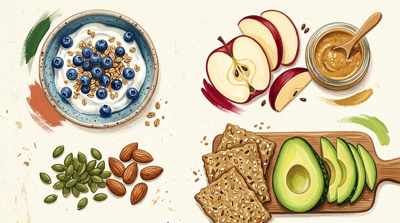 A hand-painted gouache illustration displaying healthy snack options like yogurt with berries, apple slices, and avocado crackers.
