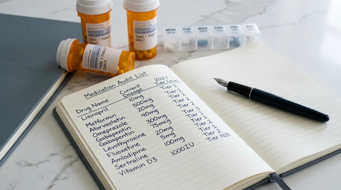 Handwritten medication audit list in a notebook beside prescription pill bottles, a pill organizer, and a fountain pen.