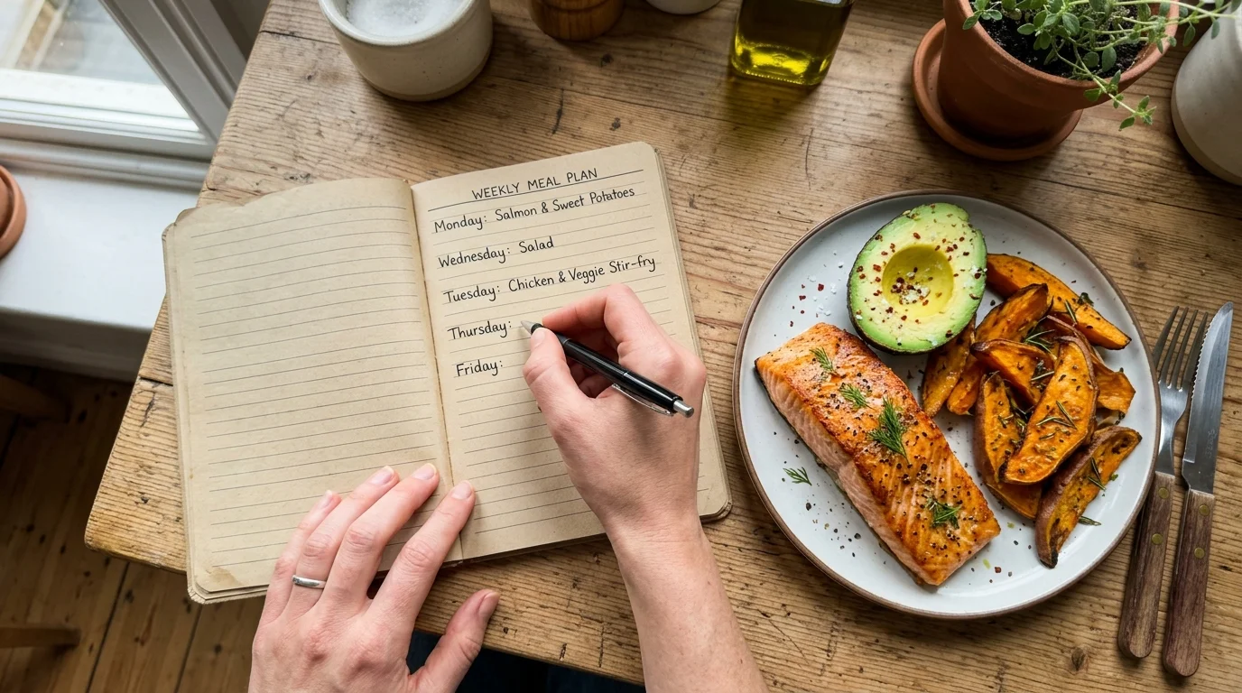 A high-angle view of a hand planning meals in a notebook next to a healthy plate of salmon, avocado, and sweet potatoes.